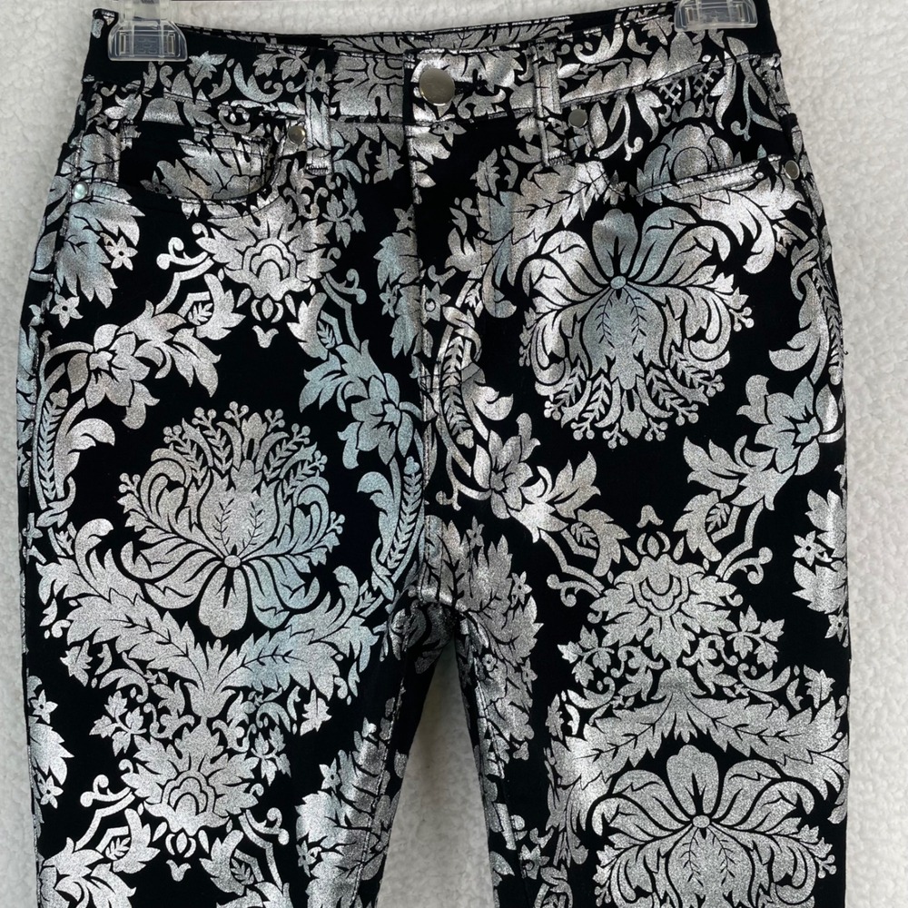 Boston Proper Womens Silver Metallic Damask Skinny Pants Black Floral Size 8